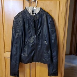 Navy Blue hooded leather jacket